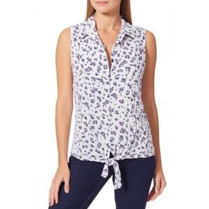 NWT Love Notes White & Blue Floral Sleeveless Collar Button Front Blouse Medium